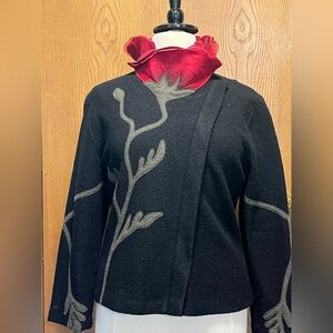 Covelo 100% Wool Art to Wear Jacket L Black Red Botanical Sculptural Collar